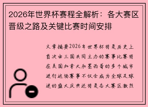 2026年世界杯赛程全解析：各大赛区晋级之路及关键比赛时间安排